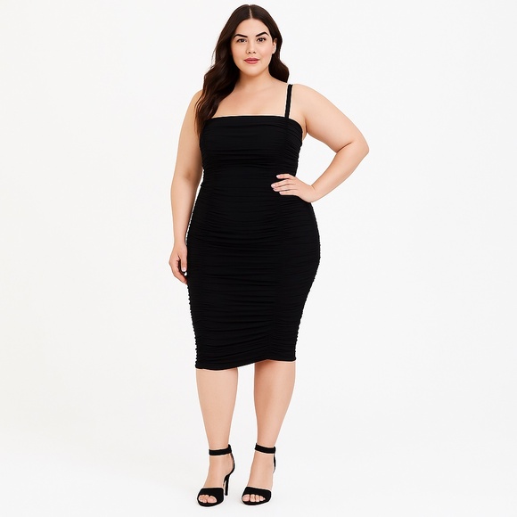TORRID Black Midi Mesh Shirred Bodycon Dress Size 1X - Picture 1 of 12